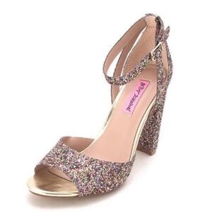 Betsey Johnson Glissten Rainbow Glitter Ankle Strap Heeled Sandals | 7.5